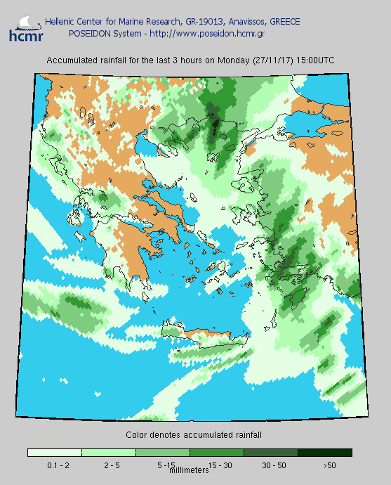 Το χρώμα δηλώνει το αθροιστικό ύψος της βροχόπτωσης