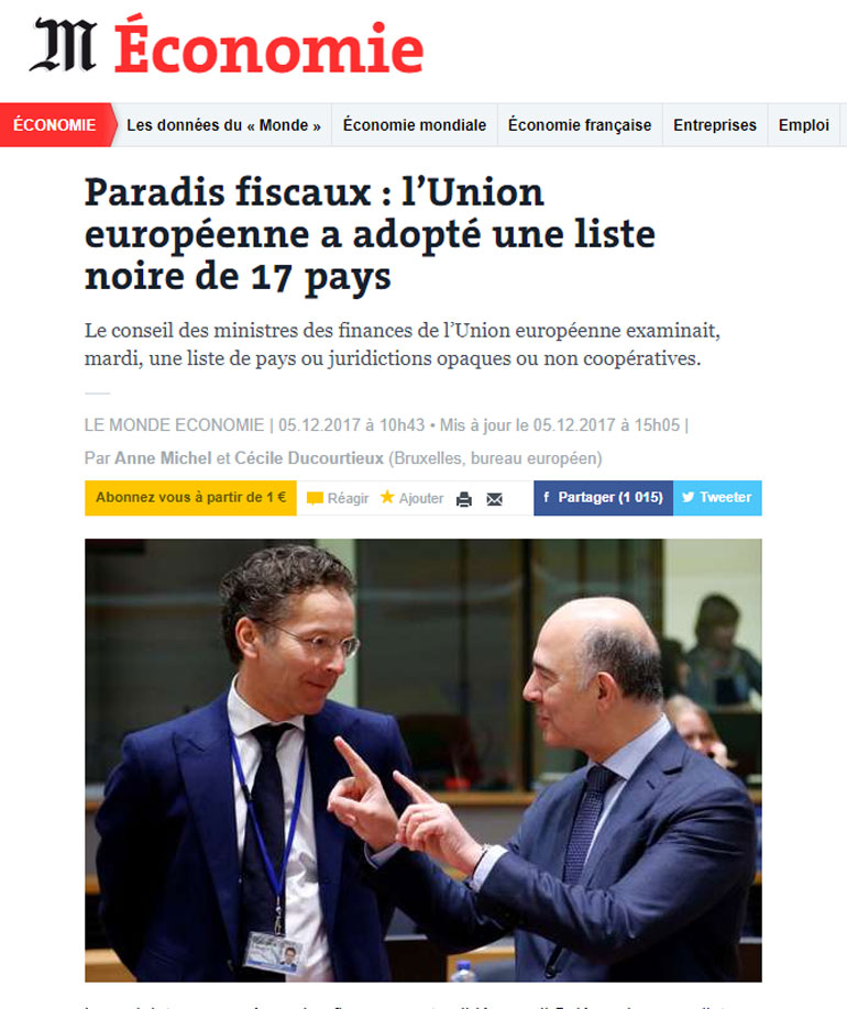 Η γαλλική εφημερίδα Le Monde αναδεικνύει το ζήτημα των φορολογικών παραδείσων στο σημερινό της πρωτοσέλιδο