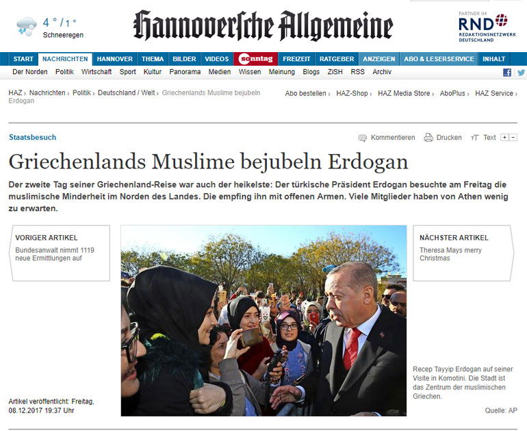 O τίτλος της γερμανικής εφημερίδας: «Οι Έλληνες μουσουλμάνοι επευφημούν τον Ερντογάν»