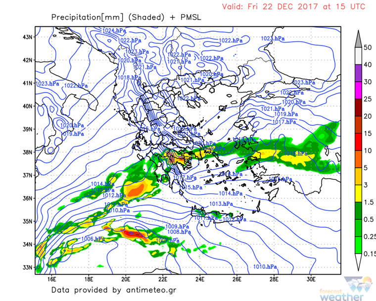 Χάρτης υετού για το μεσημέρι της Παρασκευής