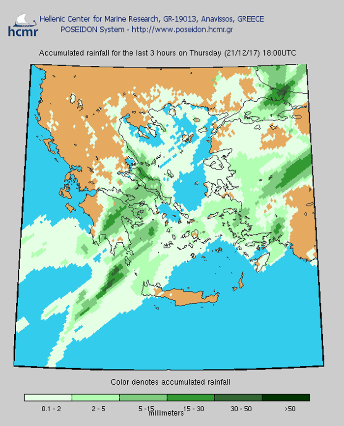 Το χρώμα δηλώνει το αθροιστικό ύψος της βροχόπτωσης (απόγευμα Πέμπτης)