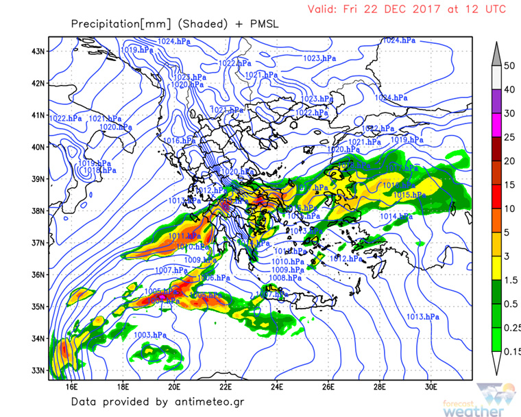Χάρτης υετού το μεσημέρι της Παρασκευής