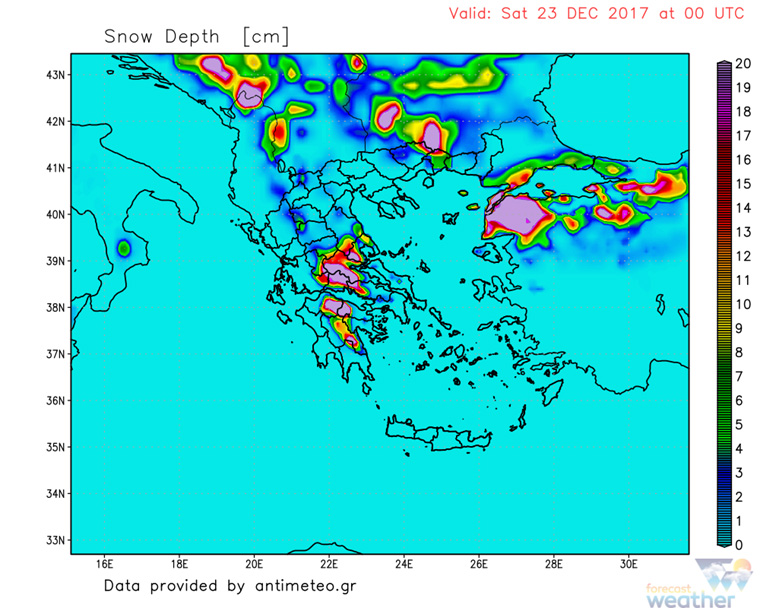 Ύψος χιονιού μεσάνυχτα Σαββάτου