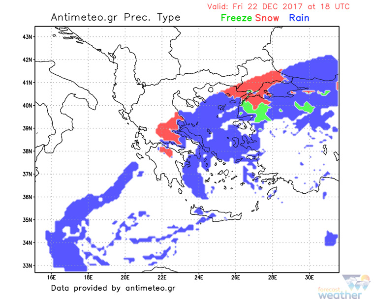 Τύπος υετού το απόγευμα της Παρασκευής (παγετός, χιόνι, βροχή))
