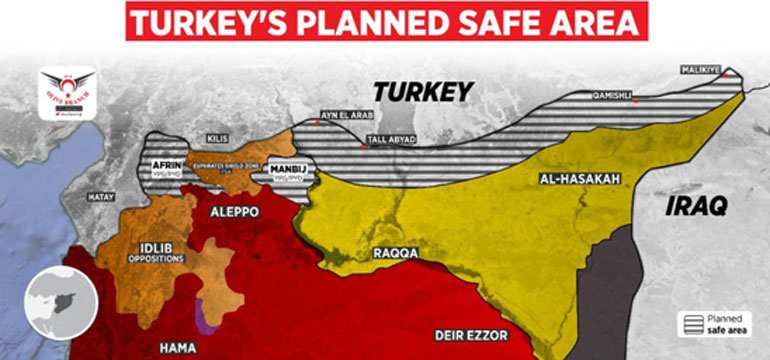 Η σχεδιαζόμενη «ασφαλής ζώνη» για την Τουρκία. Ο Χάρτης αυτός προβάλλεται συνεχώς από τα τουρκικά ΜΜΕ