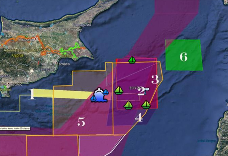 Στον χάρτη, με αριθμό 1 η ζώνη που δέσμευσε η Κυπριακή Δημοκρατία για την απρόσκοπτη πλεύση των πλοίων υποστήριξης του γεωτρύπανου Saipem 12000 από το λιμάνι Λεμεσού, μέχρι και το σημείο του στόχου «Σουπιά», που σημειώνεται με αρ. 2 στον χάρτη. Με αριθμούς 3 και 4 και 5 οι περιοχές δέσμευσης των τουρκικών Navtex. Με αρ. 6 η περιοχή που δέσμευσε η Ρωσία μέσω της Κυπριακής Δημοκρατίας για ασκήσεις του πολεμικού της ναυτικού. 
