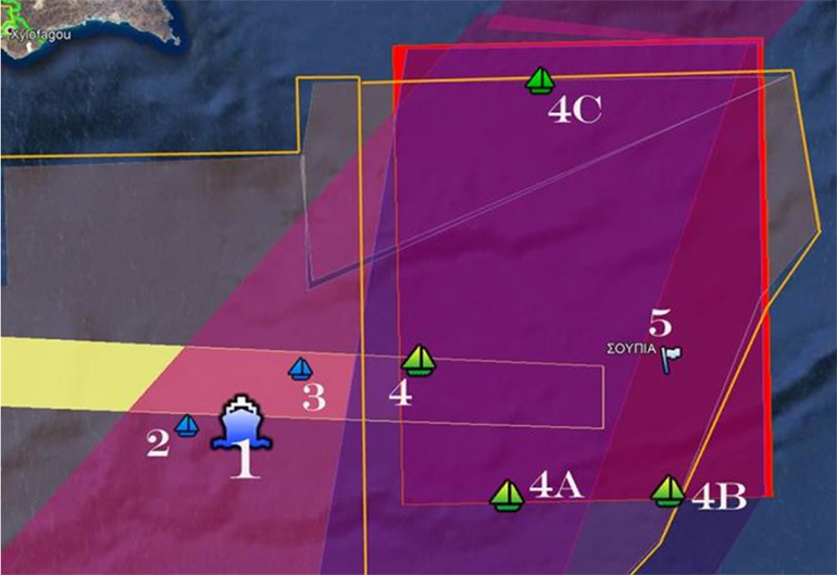 Στον χάρτη, με αρ. 1 η θέση που βρίσκεται το Saipem 12.000 και με αριθμούς 2 και 3 τα σκάφη υποστήριξης Vos Prime και Vos Prudence. Με αριθμούς 4 και 4 Α, 4Β,4C οι θέσεις των πλησιέστερων τουρκικών πολεμικών πλοίων. Βορειότερα σύμφωνα με πληροφορίες βρίσκεται και τουρκικό υποβρύχιο.