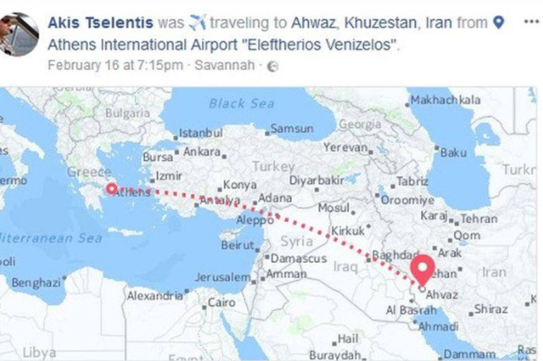 Ο Άκης Τσελέντης είχε δηλώσει στον προσωπικό του λογαριασμό στο facebook ότι ταξίδευε για το Ιράν