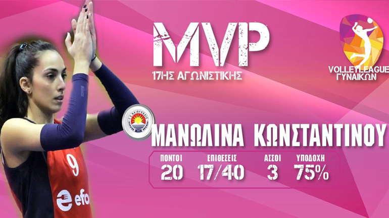 Volley League: Η Μανωλίνα Κωνσταντίνου MVP της 17ης αγωνιστικής