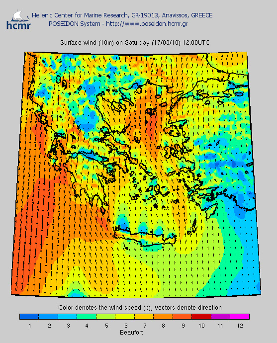 Το χρώμα δηλώνει την ένταση του ανέμου στην κλίμακα Μποφόρ (μεσημέρι Σαββάτου)