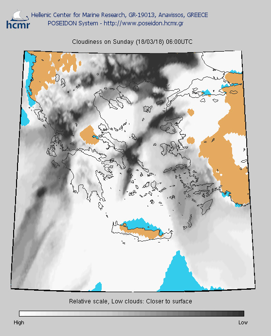 Σχετική κλίμακα: ανοιχτά χρώματα-υψηλότερη νέφωση, σκούρα χρώματα-χαμηλότερη νέφωση. Χαμηλή νέφωση: νέφη κοντύτερα στην επιφάνεια (Κυριακή)