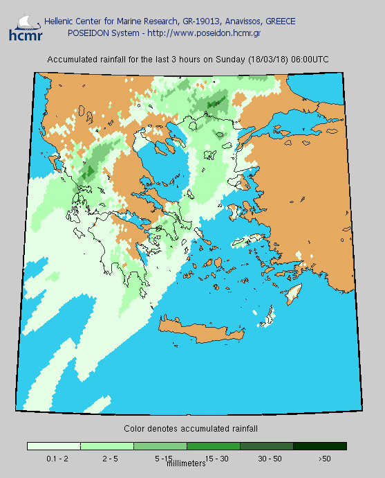 Το χρώμα δηλώνει το αθροιστικό ύψος της βροχόπτωσης (πρωί Κυριακής)