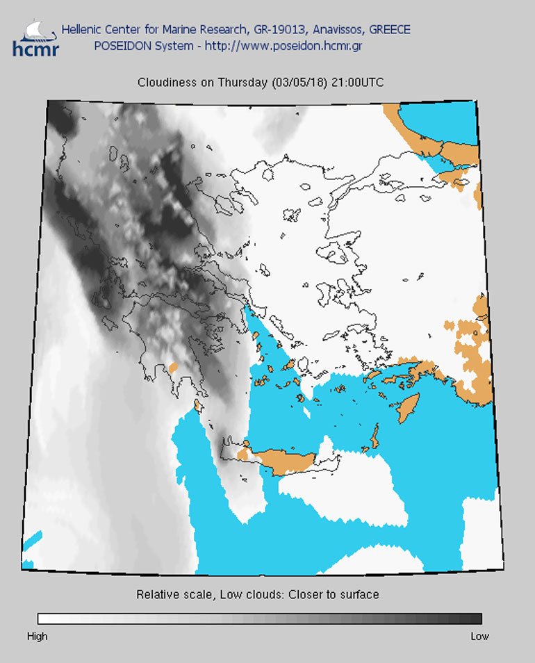 Πυκνές νεφώσεις σε όλη σχεδόν τη χώρα στις 21.00 το βράδυ της Πέμπτης