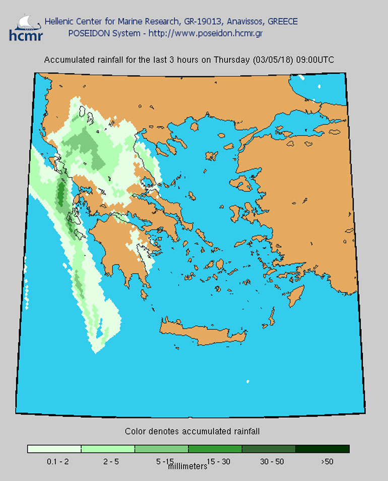 Έντονη βροχόπτωση στις 09.00 το πρωί της Πέμπτης στην περιοχή του Ιονίου