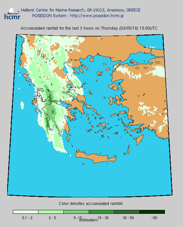 Ισχυρές βροχοπτώσεις σε όλη σχεδόν τη χώρα στις 15.00 το μεσημέρι της Πέμπτης