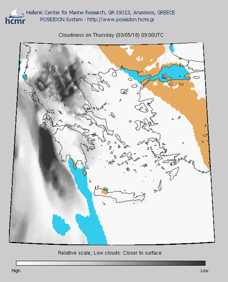 Νεφώσεις που κατά τόπους είναι πυκνότερες στις 09.00 το πρωί της Πέμπτης