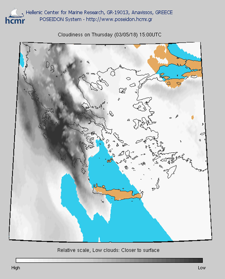 Νεφώσεις κατά τόπους πυκνές στις 15.00 το μεσημέρι της Πέμπτης