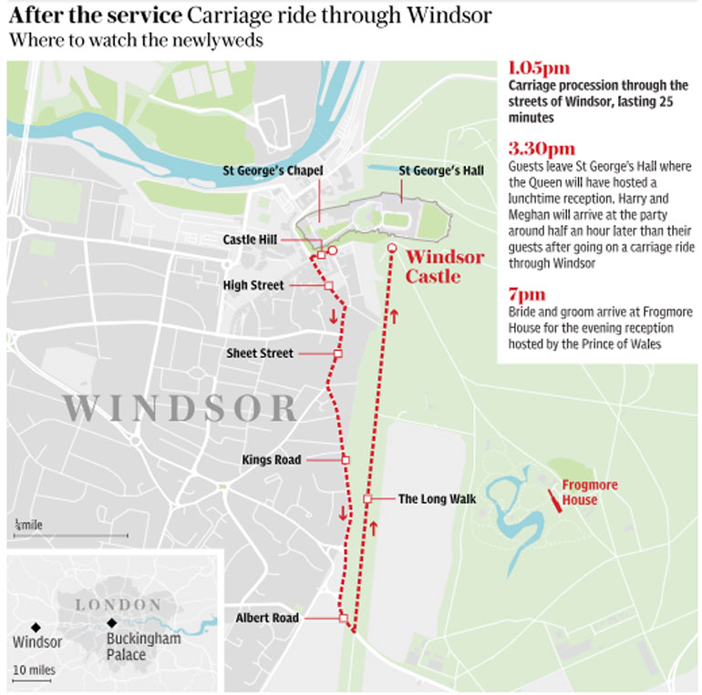 Η διαδρομή που θα ακολουθήσει η βασιλική άμαξα. Πηγή σχεδιαγράμματος: Telegraph