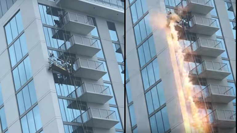 Πλατφόρμα καθαρισμού τζαμιών ακουμπά σε ηλεκτρικό καλώδιο