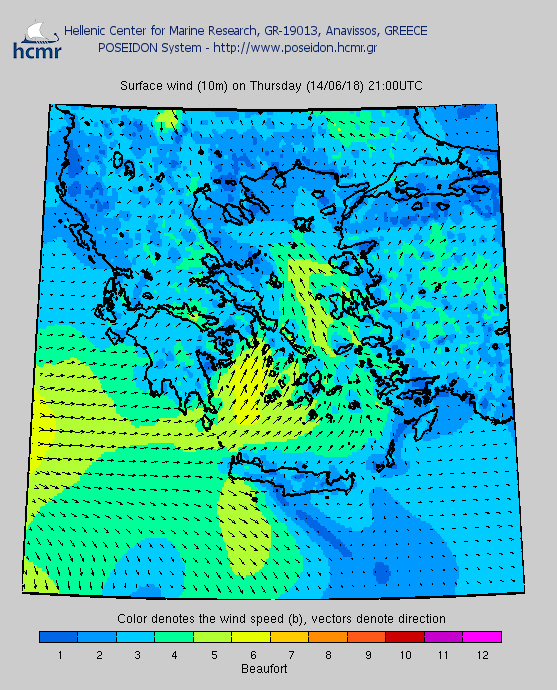 Το χρώμα δηλώνει την ένταση του ανέμου στην κλίμακα Μποφόρ/ Πέμπτη βράδυ