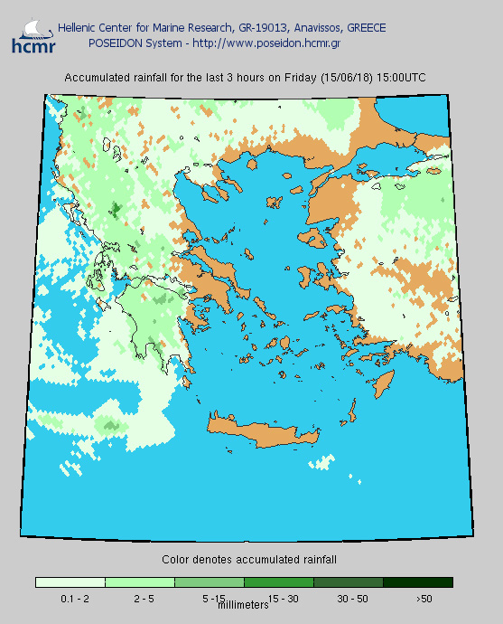 Το χρώμα δηλώνει το αθροιστικό ύψος της βροχόπτωσης/ Παρασκευή μεσημέρι