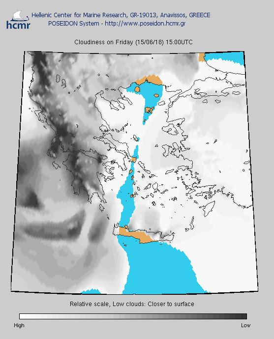 Σχετική κλίμακα: ανοιχτά χρώματα-υψηλότερη νέφωση, σκούρα χρώματα-χαμηλότερη νέφωση. Χαμηλή νέφωση: νέφη πιο κοντά στην επιφάνεια/ Παρασκευή μεσημέρι