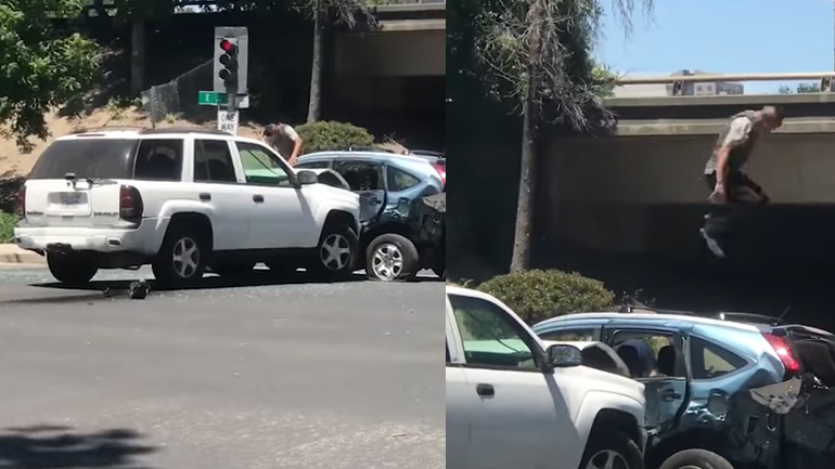 Οδηγός εκτός ελέγχου χτυπά και κλοτσά αυτοκίνητο!