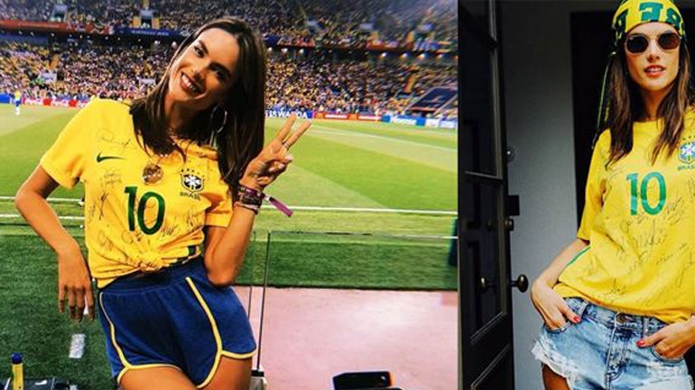 H Alessandra Ambrosio με τα εθνικά χρώματα της χώρας της στον αγώνα της Βραζιλίας στη Ρωσία