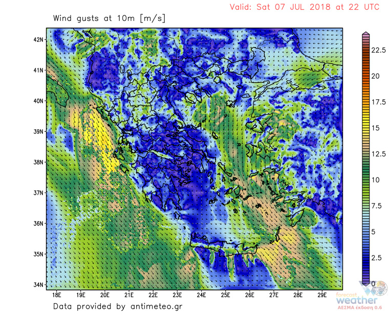Ο χάρτης καταδεικνύει τις ριπές των ανέμων το βράδυ του Σαββάτου