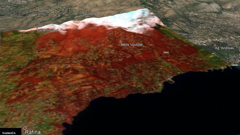 Τρισδιάστατη απεικόνιση της φωτιάς στην ανατολική Αττική από το Copernicus