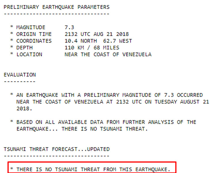 H ανακοίνωση του Κέντρου Προειδοποίησης Τσουνάμι του Ειρηνικού