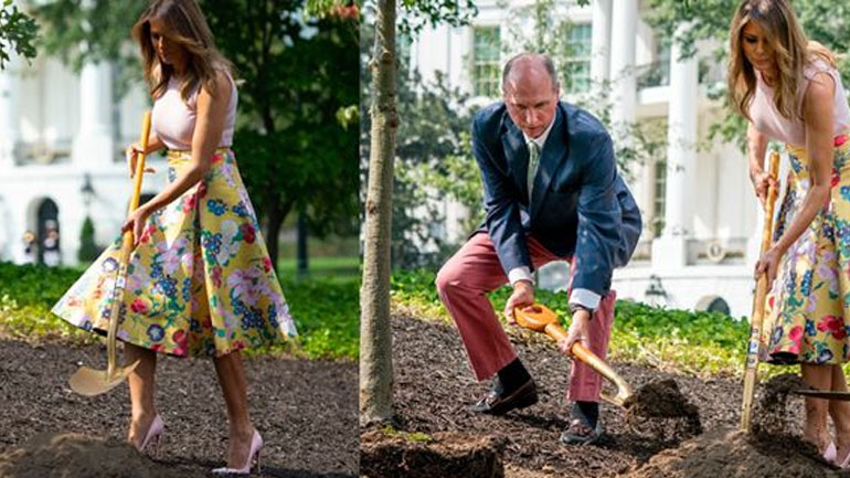 H Melania Trump κάνει δεντροφύτευση με φούστα αξίας 4.000 δολαρίων και γόβες στιλέτο!