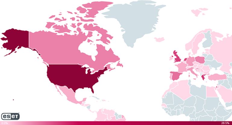 Γεωγραφική διανομή των ανιχνεύσεων του cryptominer από την ESET