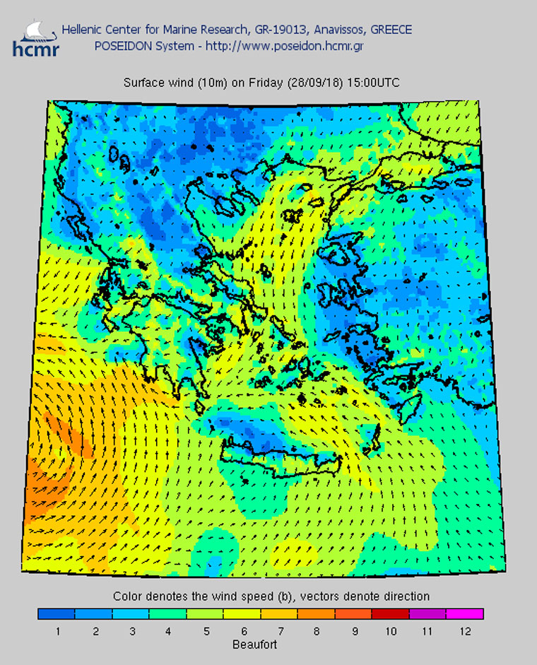 Το χρώμα δηλώνει την ένταση του ανέμου στην κλίμακα Μποφόρ (απόγευμα Παρασκευής)