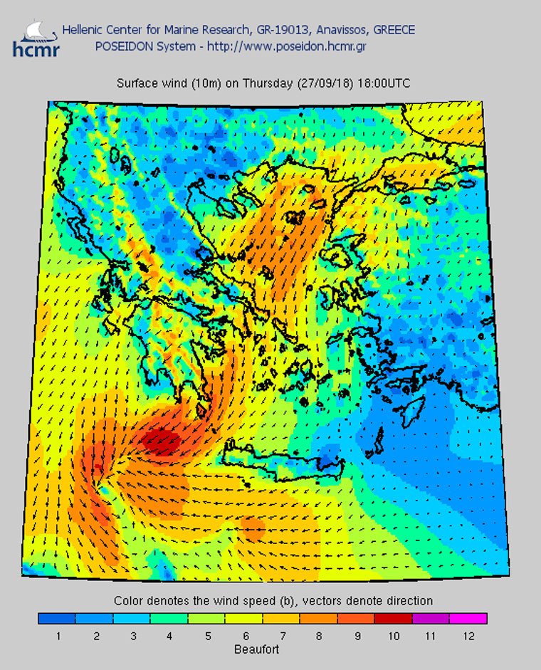 Το χρώμα δηλώνει την ένταση του ανέμου στην κλίμακα Μποφόρ (βράδυ Πέμπτης)