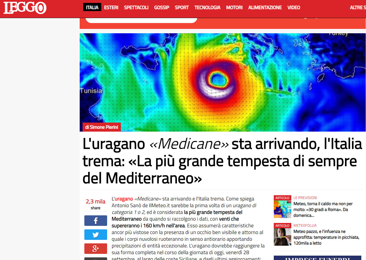 Το δίκτυο Leggo αναφέρει πως ο τυφώνας Μedicane φτάνει στην Ιταλία