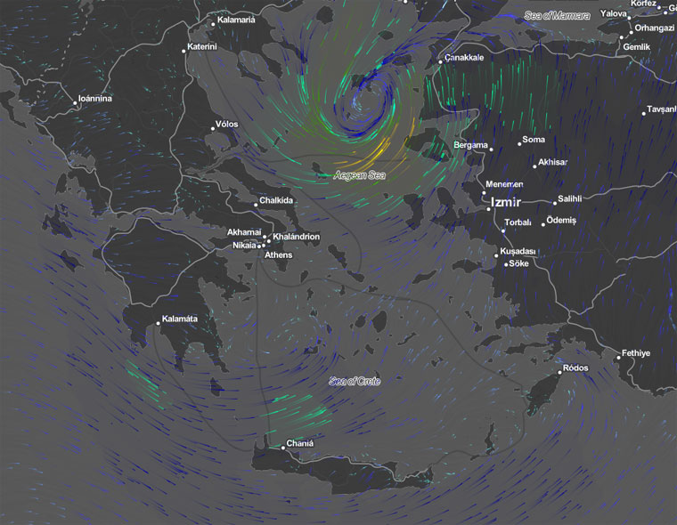 H θέση του κυκλώνα στις 12.00 σύμφωνα με το meteo.gr