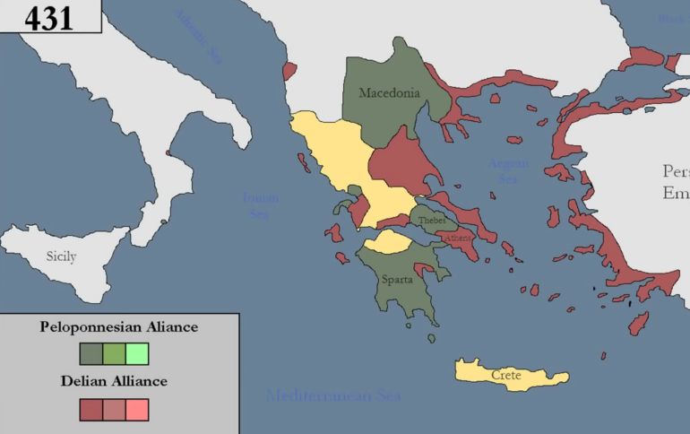 Αθηναϊκή Συμμαχία (κόκκινο) / Πελοποννησιακή Συμμαχία (πράσινο / Ουδέτεροι (κίτρινο)