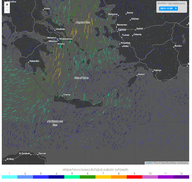 Οι ροές των ανέμων το πρωί της Δευτέρας