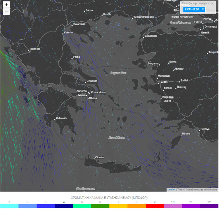 Οι ροές των ανέμων το πρωί της Κυριακής