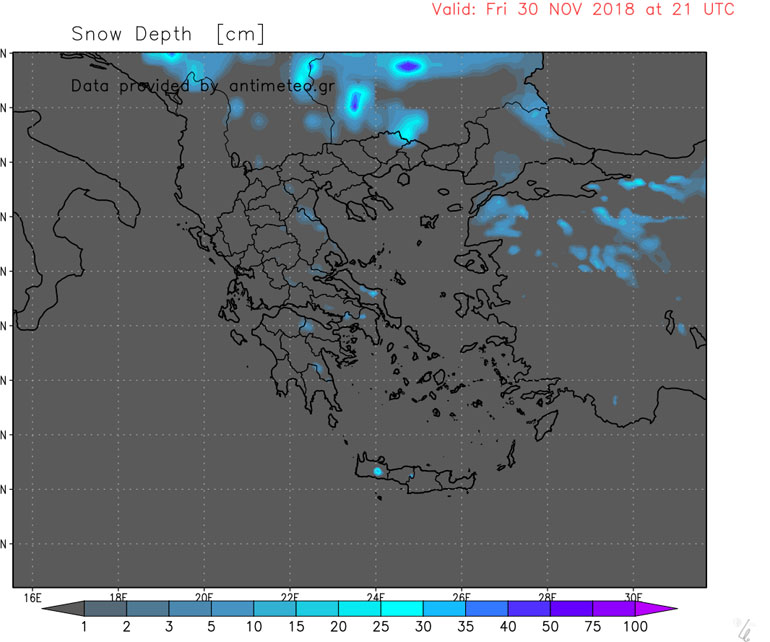 Ο χάρτης δείχνει το ύψος του χιονιού ανά περιοχή (Παρασκευή βράδυ)