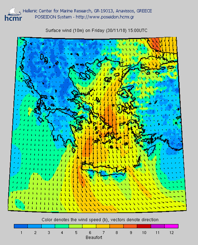 Άνεμος επιφανείας (μεσημέρι Παρασκευής) σε κλίμακα Μποφόρ