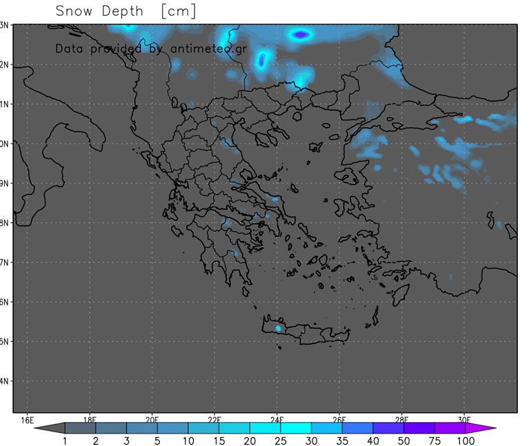 Ο χάρτης δείχνει το ύψος του χιονιού ανά περιοχή (Σάββατο μεσημέρι)
