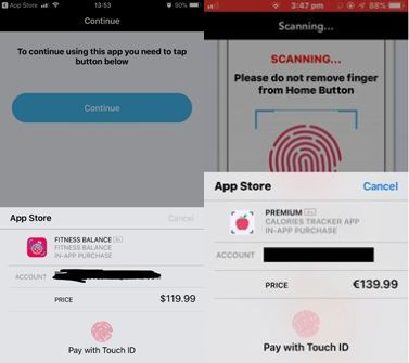 Το αναδυόμενο παράθυρο που ζητά πληρωμή στις εφαρμογές «Fitness Balance» και «Calories Tracker»