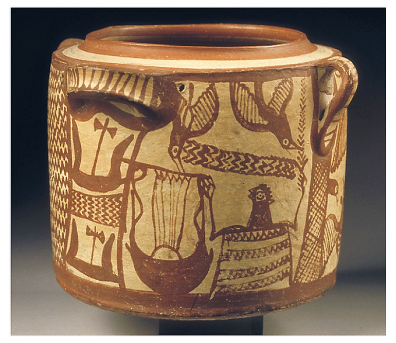 Πήλινη πυξίδα με σκηνή μουσικού δρώμενου, όπου εικονίζεται ανδρική μορφή με κλαδί στο ένα χέρι και κιθάρα ή λύρα στο άλλο. Άπτερα, περ. 1300 − 1250 π.Χ.