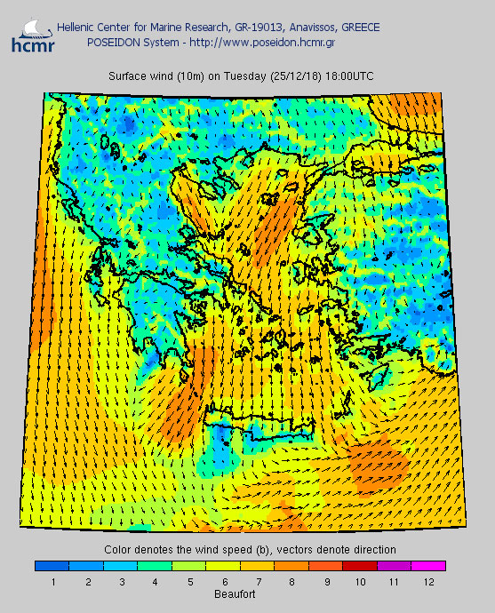 Το χρώμα δηλώνει την ένταση του ανέμου στην κλίμακα Μποφόρ (απόγευμα Τρίτης)