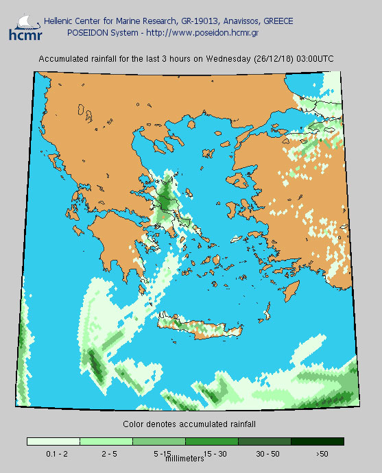Το χρώμα δηλώνει το αθροιστικό ύψος της βροχόπτωσης (ξημερώματα Τετάρτης)