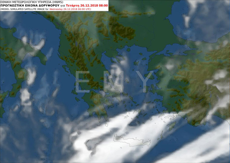 Προγνωστική εικόνα δορυφόρου. Το ψυχρό μέτωπο μεταφέρεται προς τα νότια