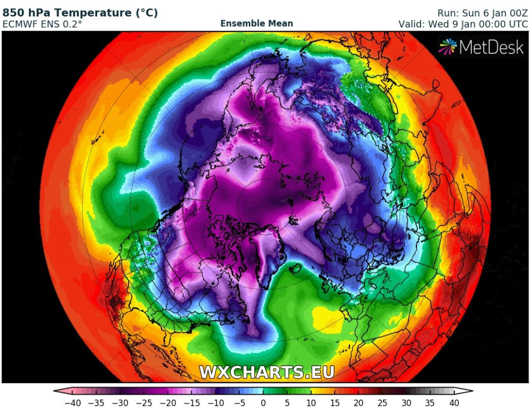 Με χρώμα μωβ και μπλε φαίνεται η πολική δίνη την οποία μελετούν οι επιστήμονες 