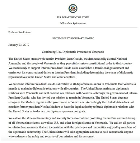 Η δήλωση Πομπέο για την άρνηση αποδοχής της προειδοποίησης για αποχώρηση των διπλωματών από το Καράκας